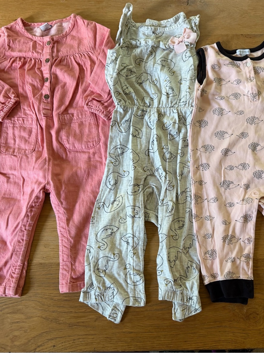 Set of 3 Pink and Gray Rompers for Baby Girls featuring Swans and Hedgehogs